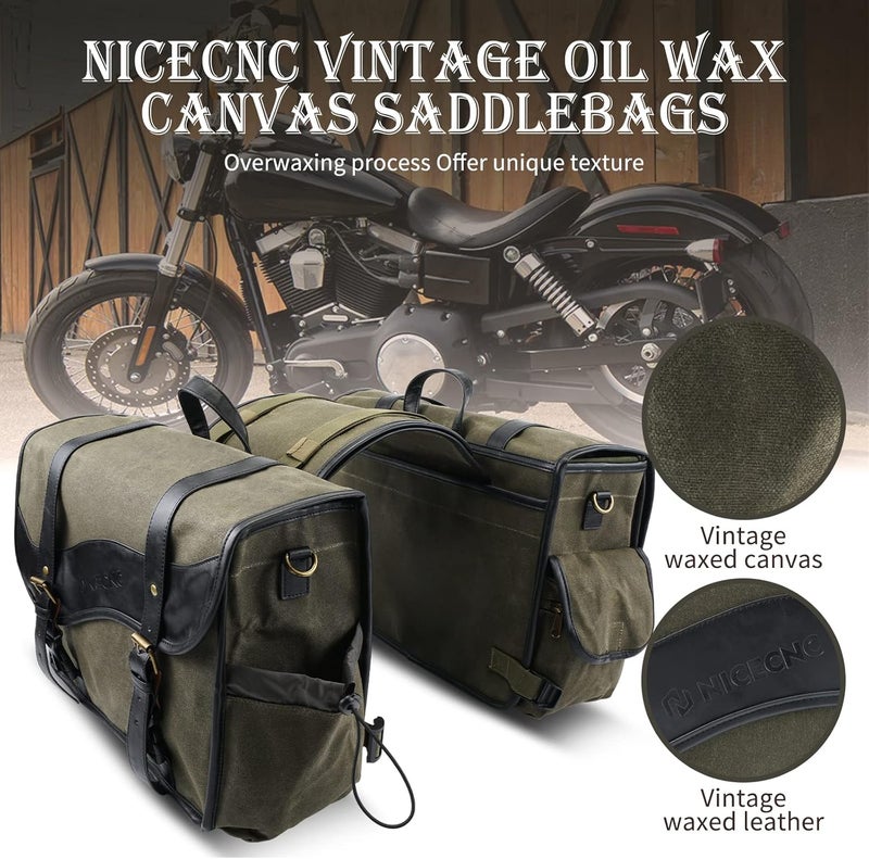 NICECNC Motorcycle Saddlebags Vintage Oil Waxed Canvas Leather, 30L Throw Over Saddle Bags Side Luggage Bags for Men Women Camping, Compatible with Harley, Honda, Suzuki, Yamaha, Adventure, Green - Image 3